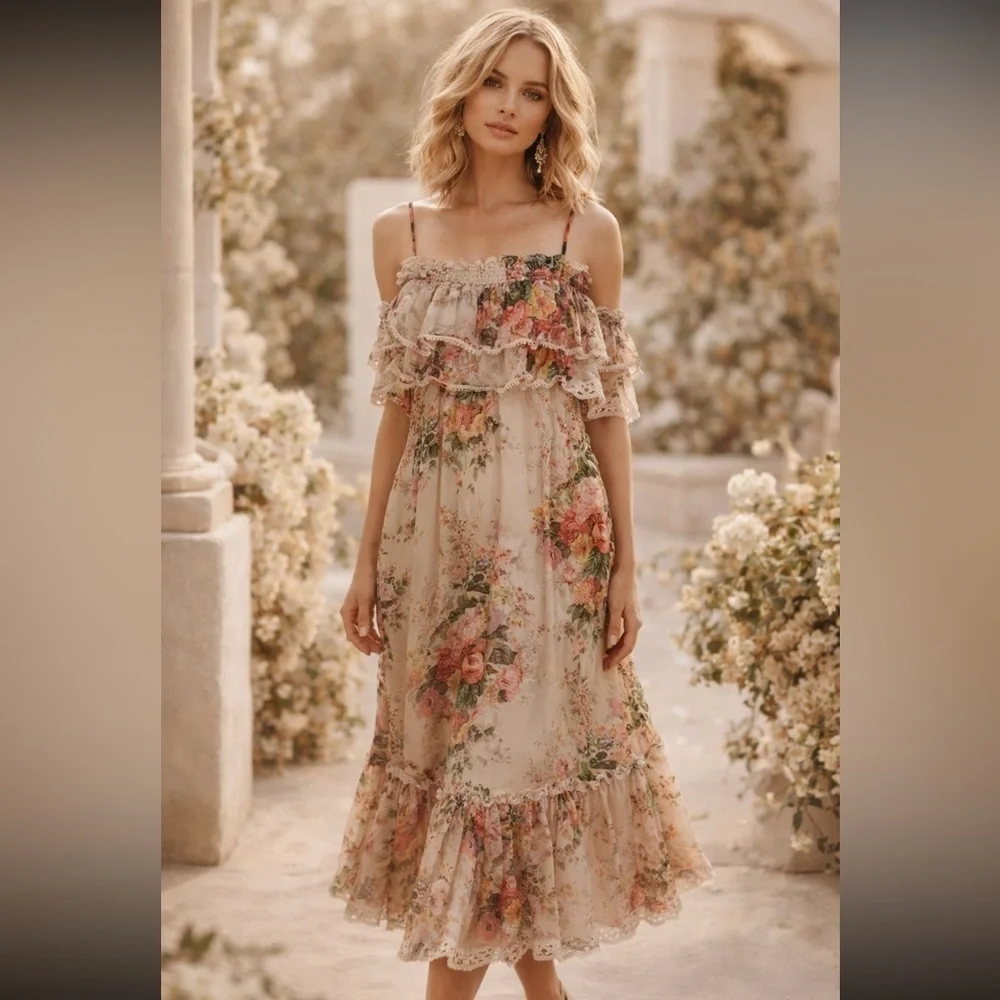Stellah Spaghetti Strap Floral Tiered Ruffle Midi Dress - Picture 7 of 9